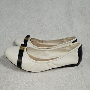 Cole Haan White and Black Leather Ballet Flats with Gold Accent